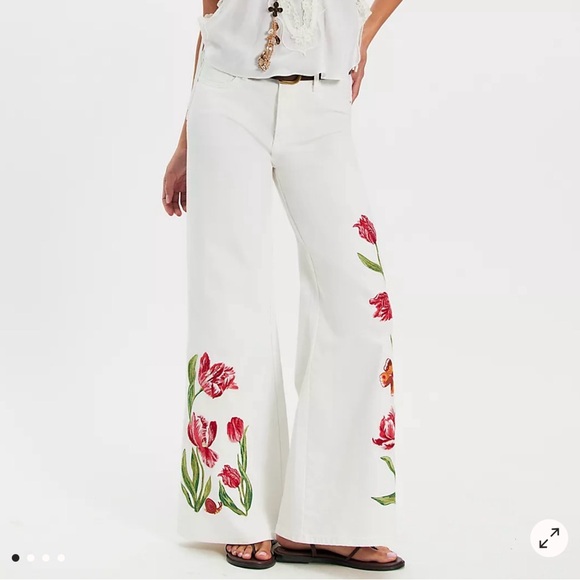 Free People Denim - Free People White Wide-Leg Jeans with Red Floral Embroidery